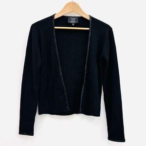 Carmen Marc Valvo Collection Silk Cashmere Beaded Trim Cardigan Sweater Black S